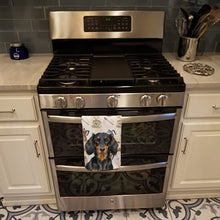 Load image into Gallery viewer, Longhaired Black and Tan Dachshund Coffee Bar Kitchen Towel