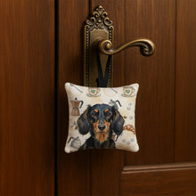 Load image into Gallery viewer, Longhaired Black and Tan Dachshund Coffee Bar Hanging Square Fabric Ornament 3.5 × 3.5