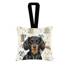Load image into Gallery viewer, Longhaired Black and Tan Dachshund Coffee Bar Hanging Square Fabric Ornament 3.5 × 3.5