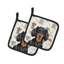 Load image into Gallery viewer, Longhaired Black and Tan Dachshund Coffee Bar Pair of Pot Holders