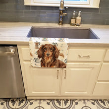 Load image into Gallery viewer, Longhaired Chocolate and Tan Dachshund Coffee Bar Kitchen Towel