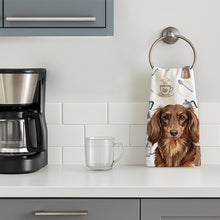 Load image into Gallery viewer, Longhaired Chocolate and Tan Dachshund Coffee Bar Kitchen Towel