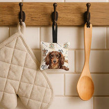 Load image into Gallery viewer, Longhaired Chocolate and Tan Dachshund Coffee Bar Hanging Square Fabric Ornament 3.5 × 3.5