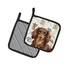 Load image into Gallery viewer, Longhaired Chocolate and Tan Dachshund Coffee Bar Pair of Pot Holders