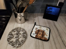Load image into Gallery viewer, Longhaired Chocolate and Tan Dachshund Coffee Bar Pair of Pot Holders