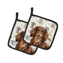 Load image into Gallery viewer, Longhaired Chocolate and Tan Dachshund Coffee Bar Pair of Pot Holders