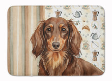 Load image into Gallery viewer, Longhaired Chocolate and Tan Dachshund Coffee Bar Memory Foam Kitchen Mat
