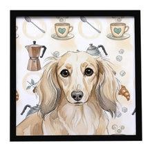 Load image into Gallery viewer, Longhaired Cream Dachshund Coffee Bar Framed Metal Print