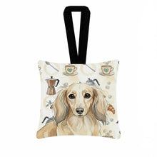 Load image into Gallery viewer, Longhaired Cream Dachshund Coffee Bar Hanging Square Fabric Ornament 3.5 × 3.5