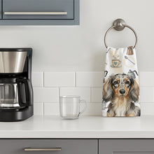 Load image into Gallery viewer, Longhaired Dapple Dachshund Coffee Bar Kitchen Towel