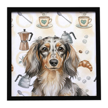 Load image into Gallery viewer, Longhaired Dapple Dachshund Coffee Bar Framed Metal Print