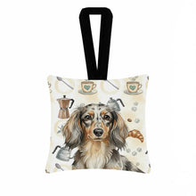 Load image into Gallery viewer, Longhaired Dapple Dachshund Coffee Bar Hanging Square Fabric Ornament 3.5 × 3.5