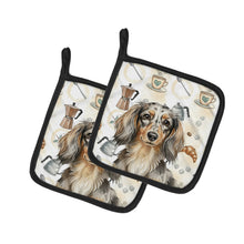 Load image into Gallery viewer, Longhaired Dapple Dachshund Coffee Bar Pair of Pot Holders