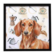 Load image into Gallery viewer, Red Brown Dachshund Coffee Bar Framed Metal Print
