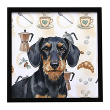 Load image into Gallery viewer, Wirehaired Black and Tan Dachshund Coffee Bar Framed Metal Print