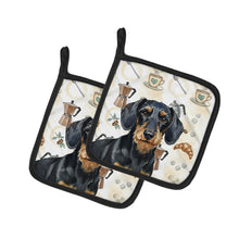 Load image into Gallery viewer, Wirehaired Black and Tan Dachshund Coffee Bar Pair of Pot Holders