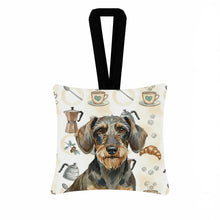 Load image into Gallery viewer, Wirehaired Wild Boar Dachshund Coffee Bar Hanging Square Fabric Ornament 3.5 × 3.5