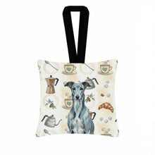 Load image into Gallery viewer, Blue Brindle Greyhound Coffee Bar Hanging Square Fabric Ornament 3.5 × 3.5