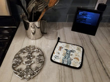 Load image into Gallery viewer, Blue Brindle Greyhound Coffee Bar Pair of Pot Holders