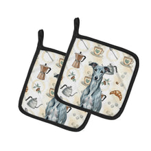 Load image into Gallery viewer, Blue Brindle Greyhound Coffee Bar Pair of Pot Holders