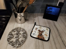 Load image into Gallery viewer, Chocolate and Rust Miniature Pinscher Min Pin Coffee Bar Pair of Pot Holders