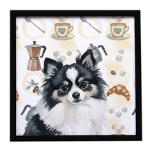 Load image into Gallery viewer, Black and White Pomeranian Coffee Bar Framed Metal Print