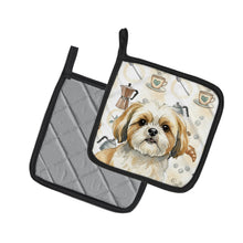 Load image into Gallery viewer, Gold and White Shih Tzu Coffee Bar Pair of Pot Holders