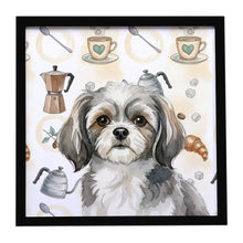 Load image into Gallery viewer, Grey and White Tibetan Spaniel Coffee Bar Framed Metal Print