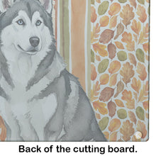 Load image into Gallery viewer, Gray and White Alaskan Malamute Heirloom Fall Glass Cutting Board