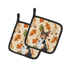 Load image into Gallery viewer, Tricolor and White Basenji Heirloom Fall Pair of Pot Holders