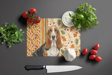 Load image into Gallery viewer, Tricolor and White Basset Hound Heirloom Fall Glass Cutting Board