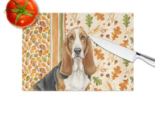 Load image into Gallery viewer, Tricolor and White Basset Hound Heirloom Fall Glass Cutting Board