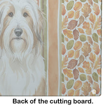 Load image into Gallery viewer, White and Tan Bearded Collie Heirloom Fall Glass Cutting Board