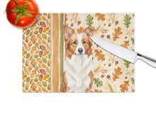 Load image into Gallery viewer, Red and White Border Collie Heirloom Fall Glass Cutting Board