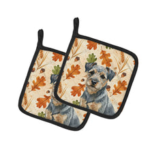 Load image into Gallery viewer, Blue and Tan Border Terrier Heirloom Fall Pair of Pot Holders