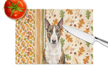 Load image into Gallery viewer, Brindle and White Bull Terrier Heirloom Fall Glass Cutting Board