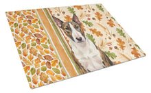 Load image into Gallery viewer, Brindle and White Bull Terrier Heirloom Fall Glass Cutting Board