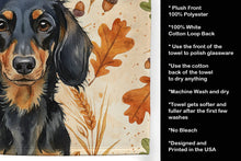 Load image into Gallery viewer, Longhaired Black and Tan Dachshund Heirloom Fall Kitchen Towel