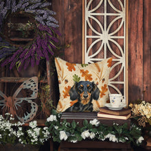 Load image into Gallery viewer, Longhaired Black and Tan Dachshund Heirloom Fall Throw Pillow