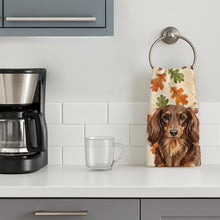 Load image into Gallery viewer, Longhaired Chocolate and Tan Dachshund Heirloom Fall Kitchen Towel