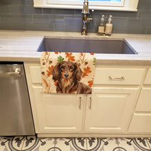 Load image into Gallery viewer, Longhaired Chocolate and Tan Dachshund Heirloom Fall Kitchen Towel