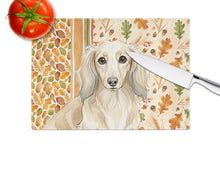 Load image into Gallery viewer, Longhaired Cream Dachshund Heirloom Fall Glass Cutting Board
