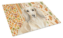 Load image into Gallery viewer, Longhaired Cream Dachshund Heirloom Fall Glass Cutting Board