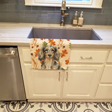 Load image into Gallery viewer, Longhaired Dapple Dachshund Heirloom Fall Kitchen Towel