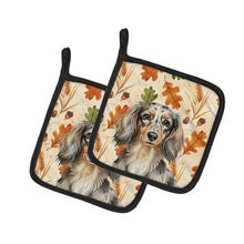 Load image into Gallery viewer, Longhaired Dapple Dachshund Heirloom Fall Pair of Pot Holders
