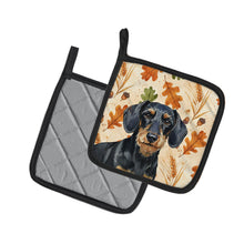 Load image into Gallery viewer, Wirehaired Black and Tan Dachshund Heirloom Fall Pair of Pot Holders