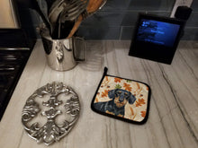 Load image into Gallery viewer, Wirehaired Black and Tan Dachshund Heirloom Fall Pair of Pot Holders