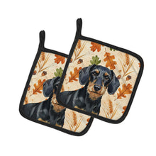 Load image into Gallery viewer, Wirehaired Black and Tan Dachshund Heirloom Fall Pair of Pot Holders