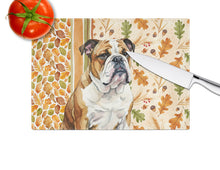 Load image into Gallery viewer, Brindle and White English Bulldog Heirloom Fall Glass Cutting Board