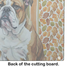 Load image into Gallery viewer, Brindle and White English Bulldog Heirloom Fall Glass Cutting Board